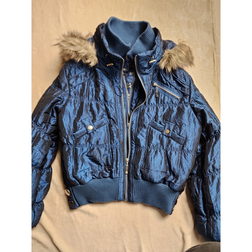 Rare Vintage Y2K Giacca Metallic Blue Coat Fur Lined Hood 2000s XL
